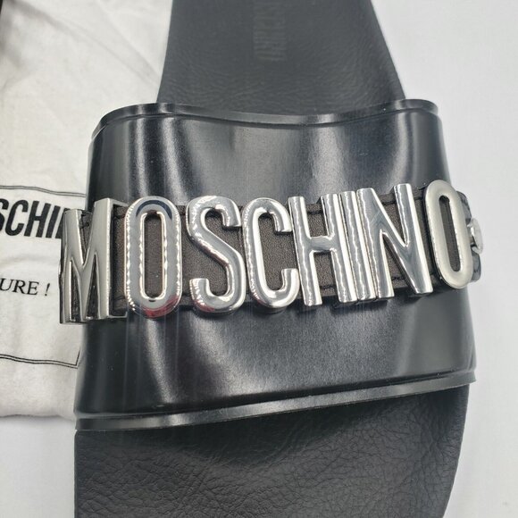 Size 10 Men\'s Moschino Couture Pool Slides Pvc Silver Lettering Black *WORN ONCE main image 8